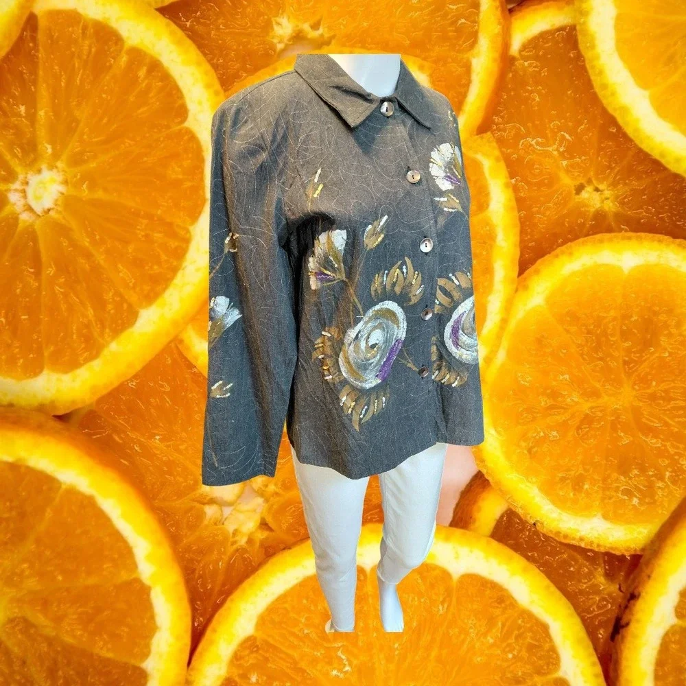 Alex Kim Gray Floral Embroidered Sequined Button Down Blazer‎ Women's Size S